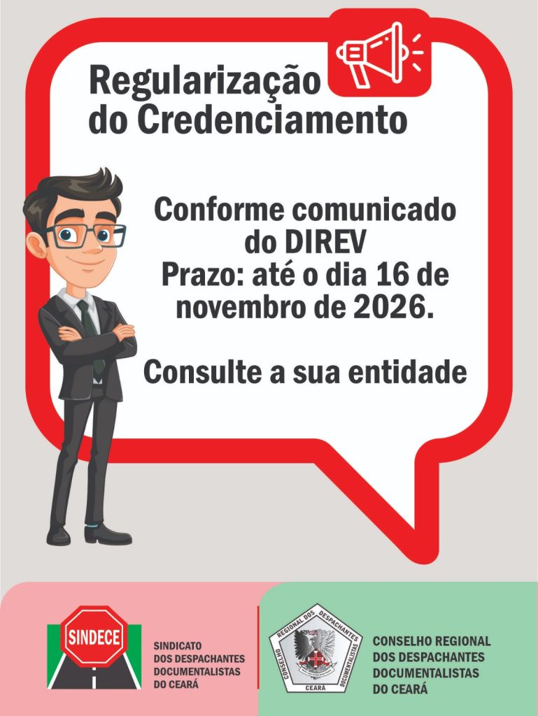 Os Despachantes Documentalistas que estejam com seus credenciamentos vencidos, ou que ainda não possuem credenciamento vigente, terão até o dia 16 de novembro, do corrente ano, para adotar as providencias necessárias, para a regularização da sua condição de trabalho.